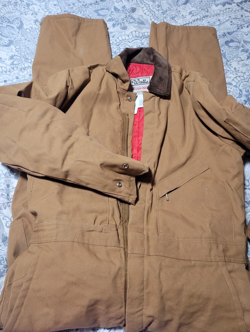 Walls Tan Work Coveralls with Brown Corduroy Collar and Red Lining 34